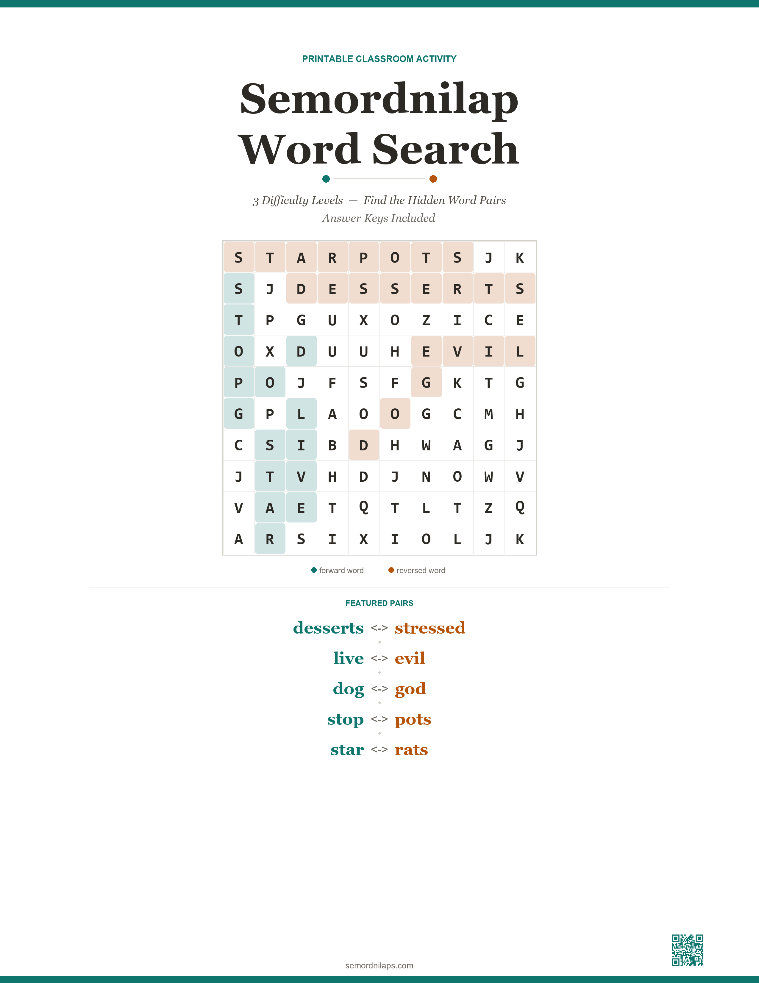 Semordnilap word search puzzle preview